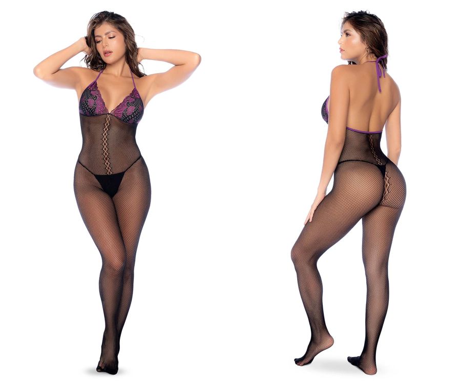 Mapale 1122 Fishnet and Lace Bodystocking Set Color Black-Purple