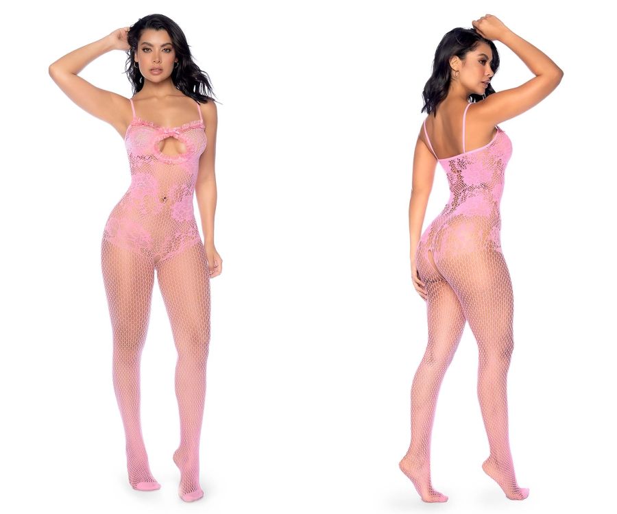 Mapale 1130 Floral Fishnet Bodysuit Set Color Bubblegum Pink