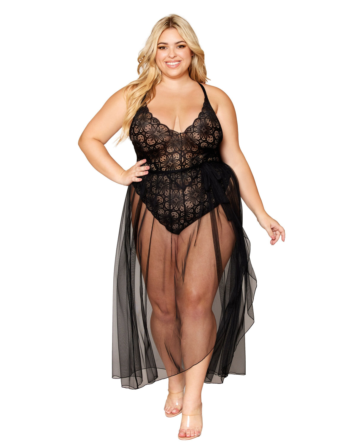 Dreamgirl Plus Size Mosaic Lace Teddy & Sheer Skirt