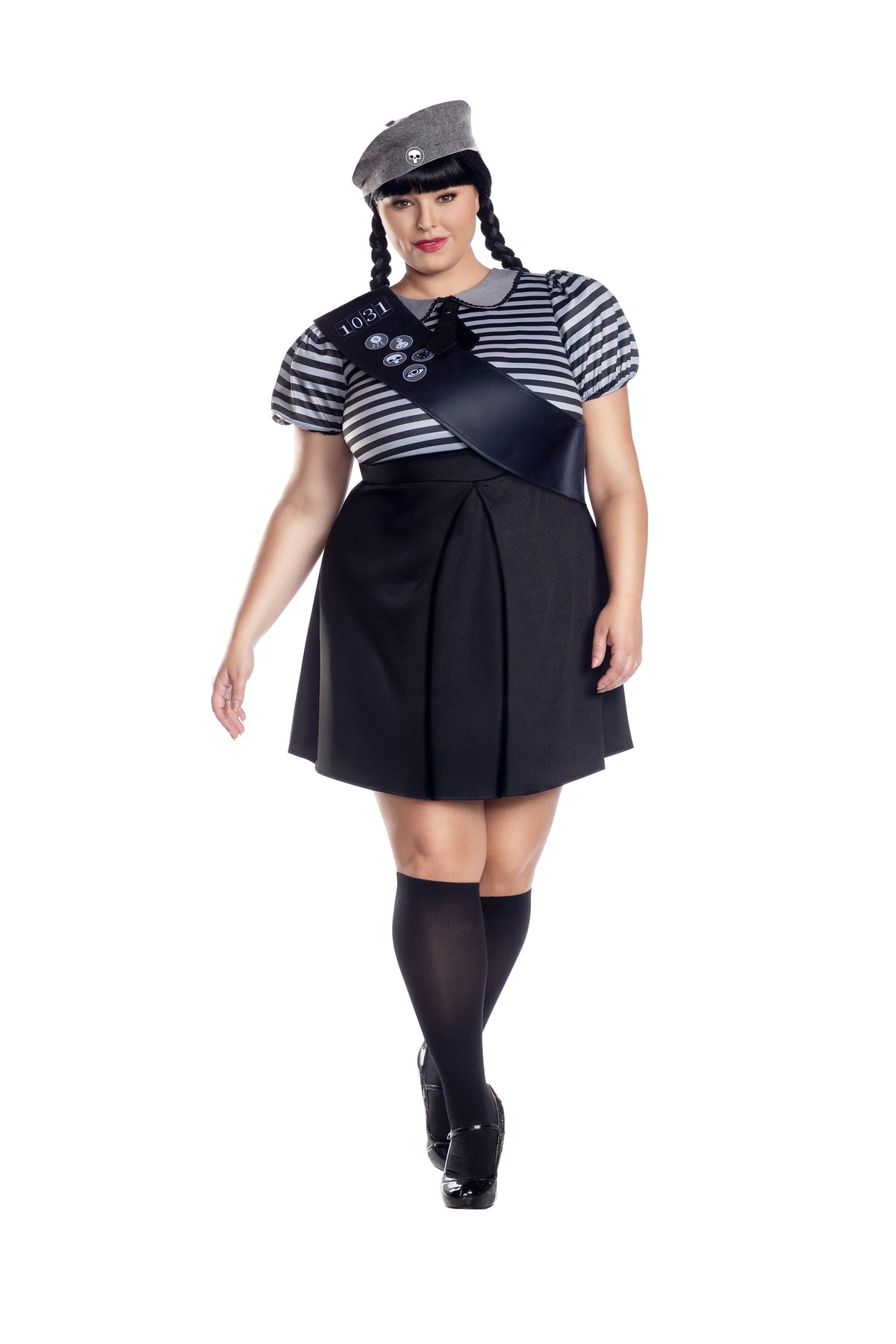 Dreamgirl Plus Size Spooky Scout Stripe Printed Dress with Sash & Beret Women’s Costume – Halloween Outfit