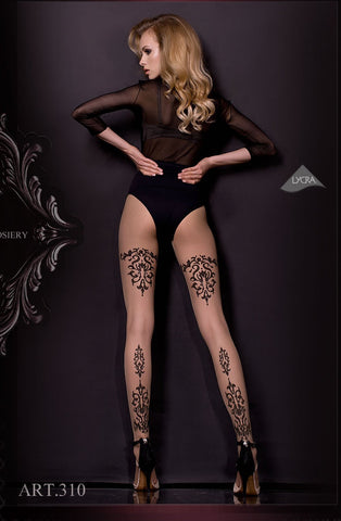 Amour Pin Up 40 Denier Lace Top Faux Suspender Patterned Open Crotch Pantyhose