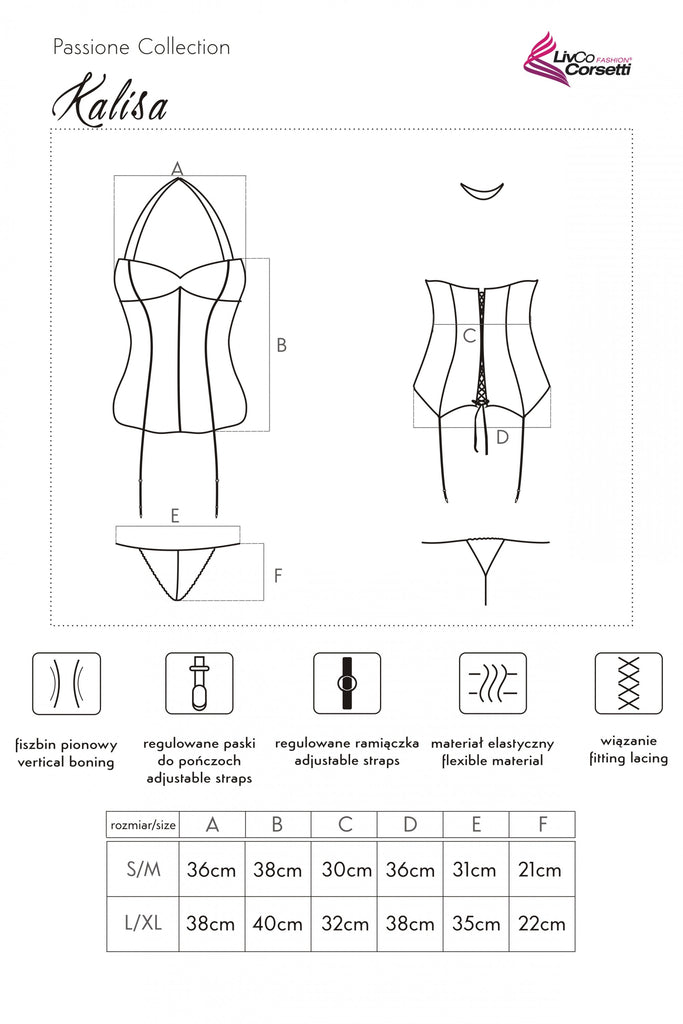 LIVCO CORSETTI Kalisa Boned Corset, Detachable Garter Straps and Thong Set